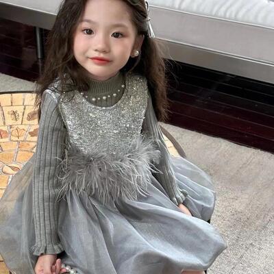 女童加绒小香风羽毛蓬蓬纱连衣裙