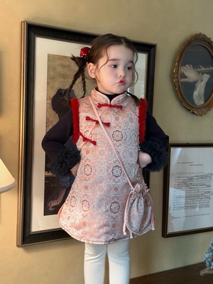 女童新中式国风旗袍背心裙2025秋冬加绒盘扣洋气花朵裙子拜年服