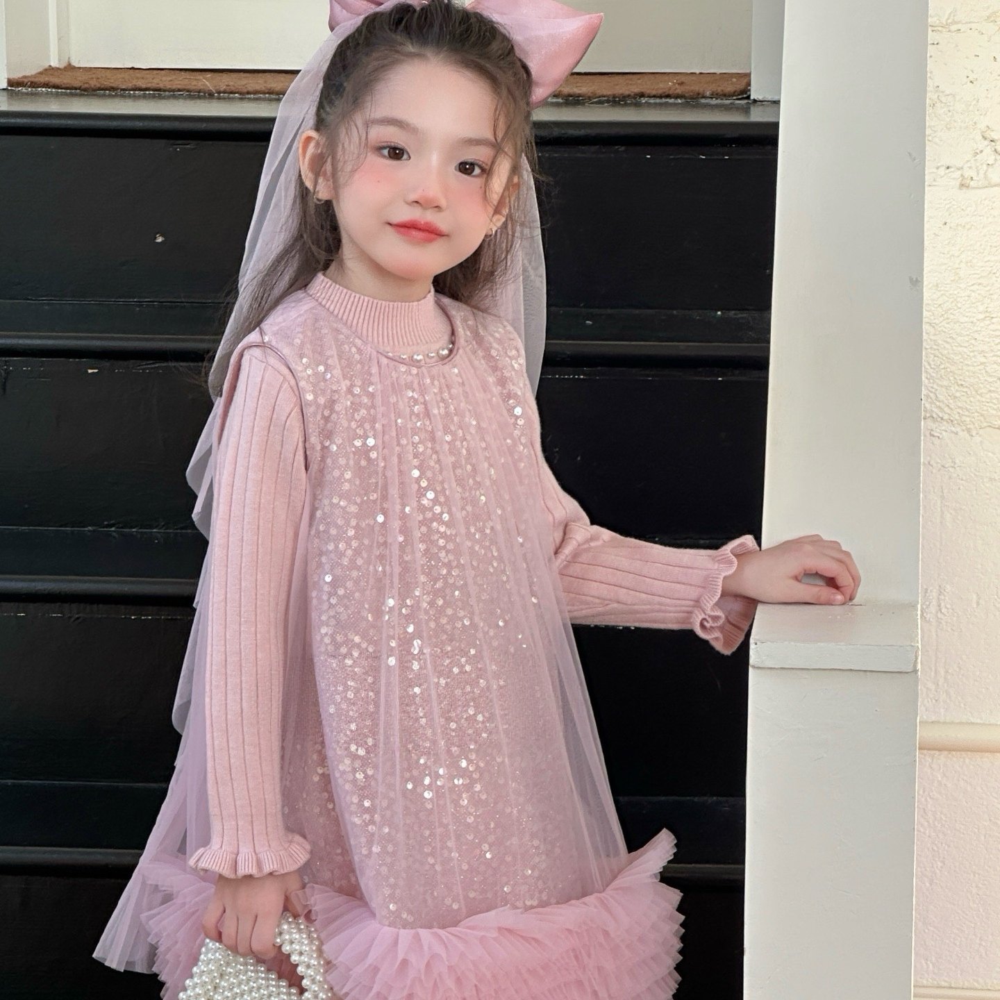 2025秋冬新品牌女童亮片蝴蝶结背心裙女宝甜美气质加厚公主网纱裙