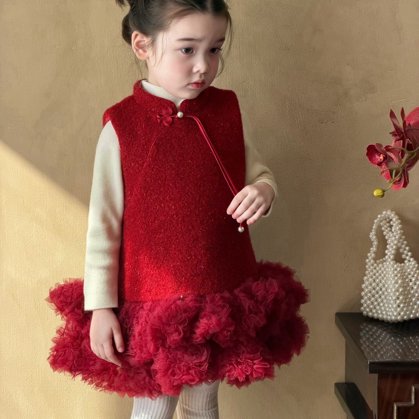 女童新中式红色羊毛呢马甲套装秋冬加绒盘扣洋气蓬蓬纱背心裙年服