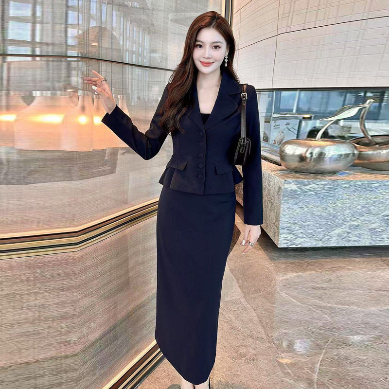 欧洲站走秀同款套装女OL通勤西装外套中长半裙套装裙春秋款工作服
