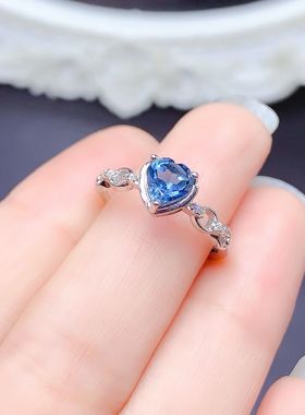盈诺珠宝 925纯银镶天然心形托帕石伦敦蓝戒指女轻奢戒指女款开口