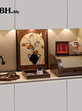 中古风玄关装饰摆件放钥匙收纳进门口鞋柜软装法式复古装饰画摆件