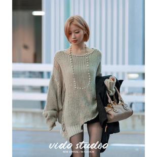 欧洲asa同款 女不对称宽松韩系毛衣ins设计感上衣 慵懒风镂空针织衫