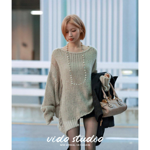 欧洲asa同款慵懒风镂空针织衫女不对称宽松韩系毛衣ins设计感上衣