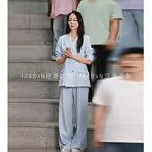 欧洲韩雪同款 宽松休闲高级感两 女蓝色西服外套阔腿裤 套装 西装