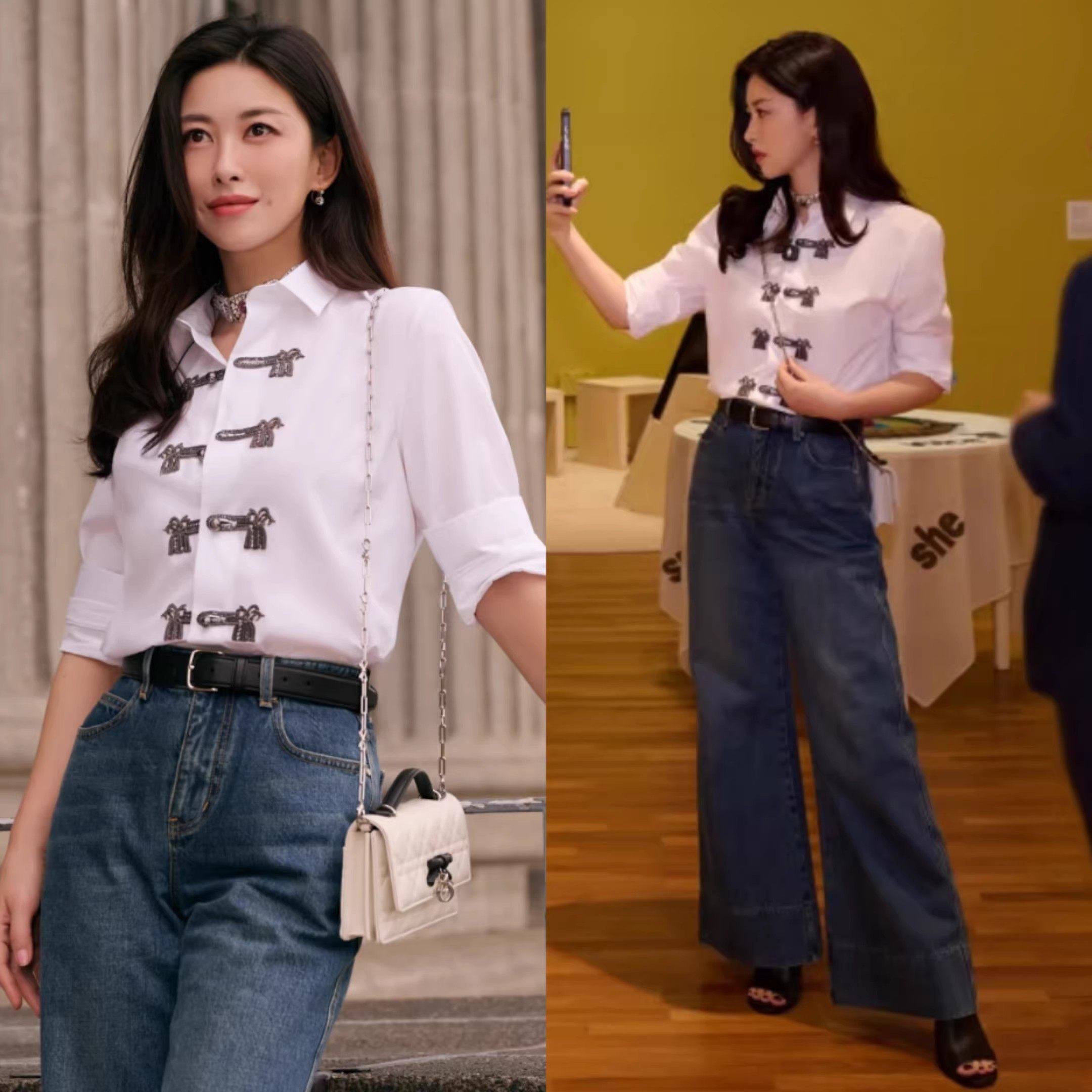 欧洲欧洲朱珠同款复古白色中式盘扣衬衫上衣阔腿牛仔裤套装女2026,女装/女士精品,礼服/晚装,淘宝优惠券,粉丝福利购,淘宝优惠卷