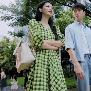 欧洲风过留痕孙怡丹青同款短袖衬衫连衣裙夏季v领格子裙子女衣服