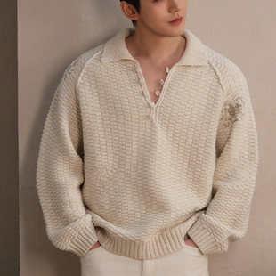 欧洲邓为明星同款POLO风V领针织衫2026春季新款针织提花毛衣潮款