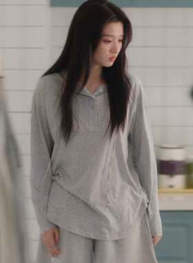 原版爱情有烟火王楚然钱菲同款长袖T恤灰色连帽上衣短裤女衣服潮