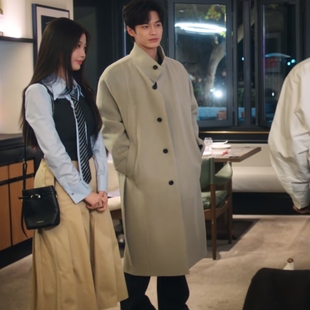 欧洲双轨何与靳朝同款毛呢外套秋冬立领中长款呢子大衣男衣服潮