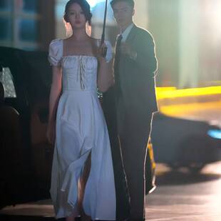 欧洲短剧李柯以闻浅同款短袖连衣裙夏季方领泡泡袖裙子女衣服潮