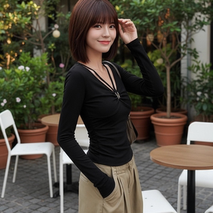 设计感v领长袖t恤个性2026春秋新款内搭打底衫修身别致显瘦上衣