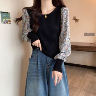 春秋女款遮肚子碎花拼接长袖泡泡袖胖MM修身显瘦打底衫上衣