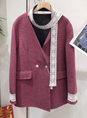 复古蕾丝边轻奢女大衣秋冬新款双面羊毛呢外套中长款呢上衣25227