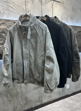 秋冬水洗做旧夹棉工装外套男复古立领加厚棉衣宽松休闲潮流夹克男