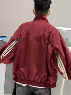 新品 潮牌立领工装 夹克春季 男士 拉链三条杠情侣上衣 冲锋衣宽松短款