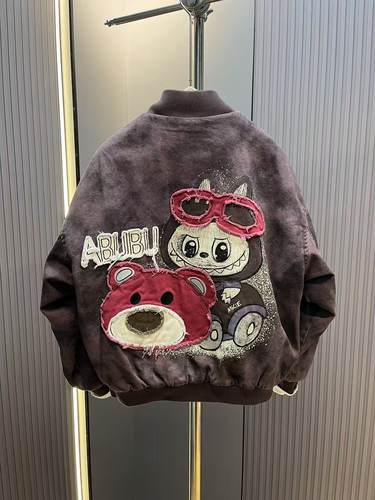 冬季新款潮牌男士棉衣宽松动漫卡通加厚水洗牛仔上衣男女同款外套