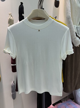 AiMi 2025秋季新款韩版圆领修身显瘦正肩卷边短袖T恤女百搭上衣潮