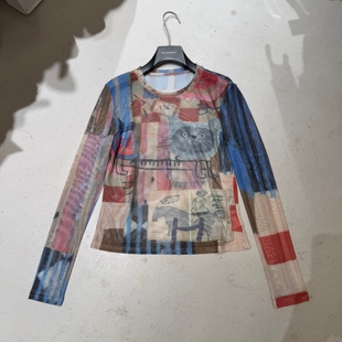 欧洲站2026春季新款复古趣味撞色印花网纱长袖T恤女百搭防晒上衣