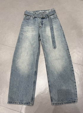 WEISU唯速2026早春新款复古水洗系带高腰微弯刀阔腿牛仔裤女57324