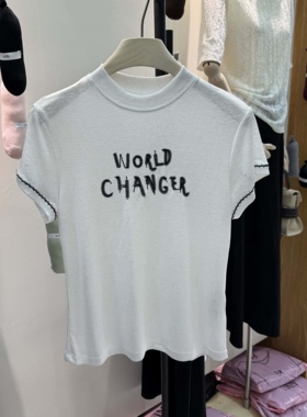 AiMi2025早起新款时尚字母刺绣修身显瘦圆领短袖T恤女百搭上衣潮