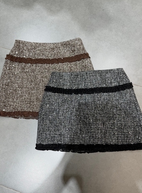 欧洲站2025冬季新款高腰显瘦撞色花边A字亮片短裙气质半身裙6367