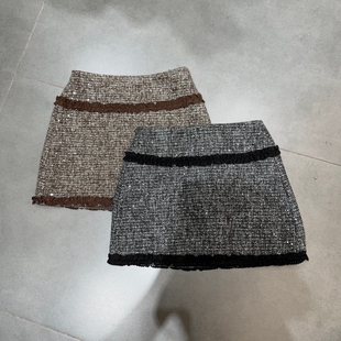 欧洲站2025冬季新款高腰显瘦撞色花边A字亮片短裙气质半身裙6367