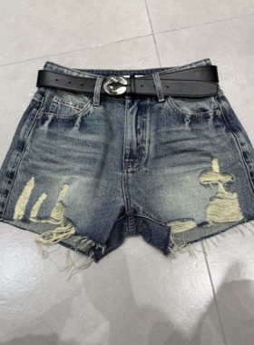 WEISU唯速2025夏季新款复古水洗破洞高腰A字阔腿牛仔短裤女57155