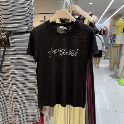 AiMi2025夏季新款时尚字母钉珠天丝混纺圆领短袖T恤女百搭上衣潮