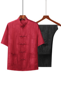 T227P100风爸爸装冰丝中老年套装唐装居士服汉服爷爷短袖衣服图片