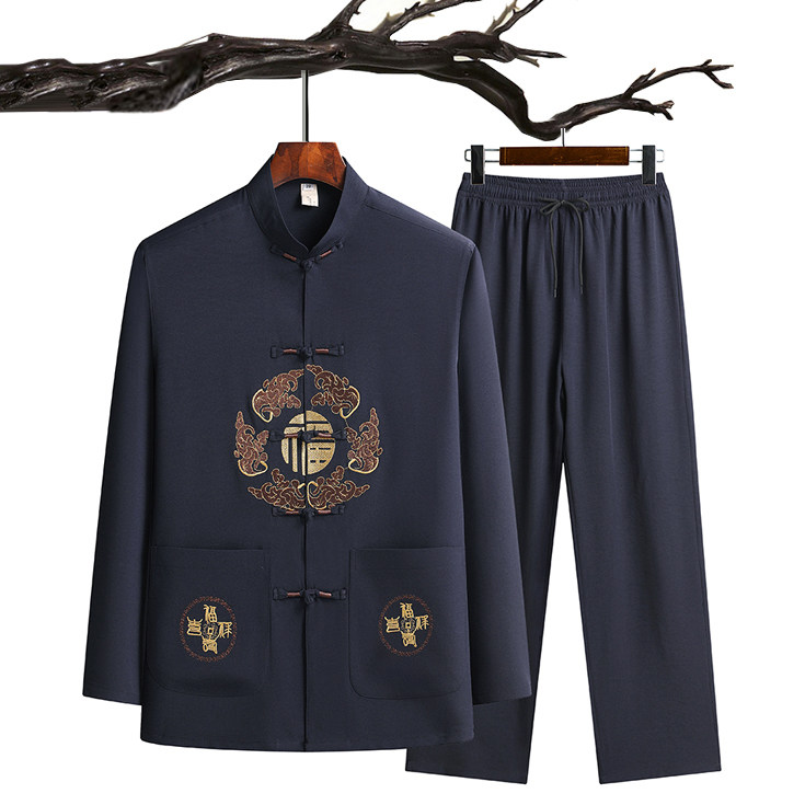C201P48主推爷爷长袖套装中老年唐装秋季爸爸装风居士服汉服,男装民族服装,星座1108-2