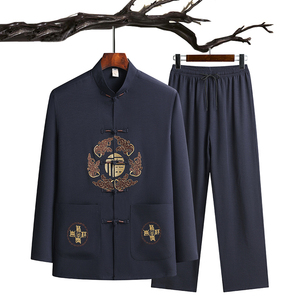 C201P48主推爷爷长袖套装中老年唐装秋季爸爸装风居士服汉服图片