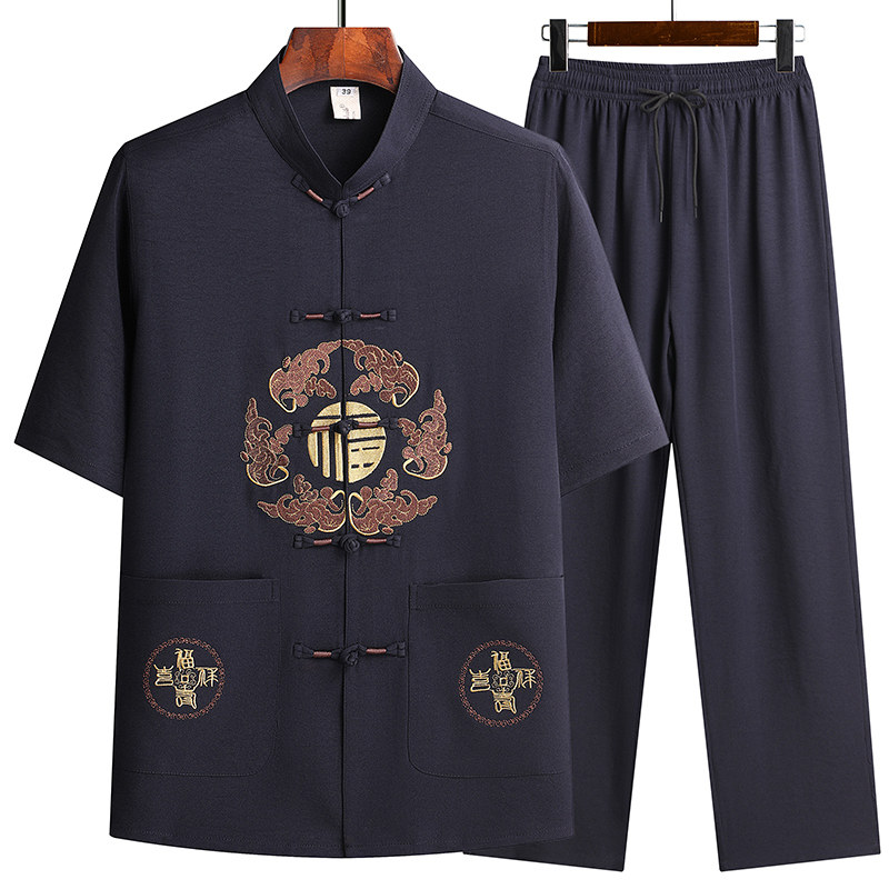 T201P42夏季爷爷短袖套装中老年唐装套装爸爸装风居士服汉服,男装民族服装,星座1108-2