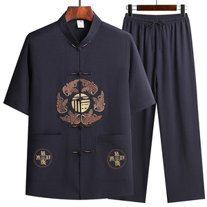 T201P42夏季爷爷短袖套装中老年唐装套装爸爸装风居士服汉服图片