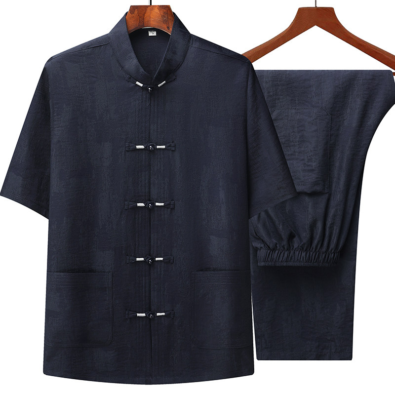 T227P100风爸爸装冰丝中老年套装唐装居士服汉服爷爷短袖衣服,男装民族服装,星座1108-2