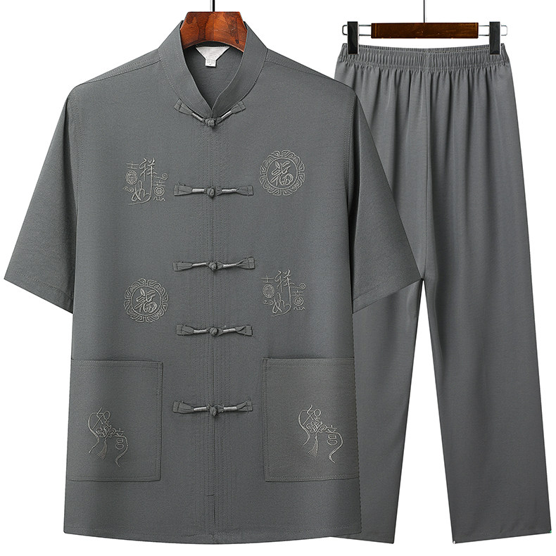 T202P42主推中老年唐装套装爸爸装风居士服汉服爷爷短袖套装,男装民族服装,星座1108-2