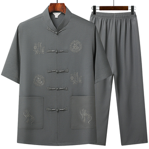 T202P42主推中老年唐装套装爸爸装风居士服汉服爷爷短袖套装图片