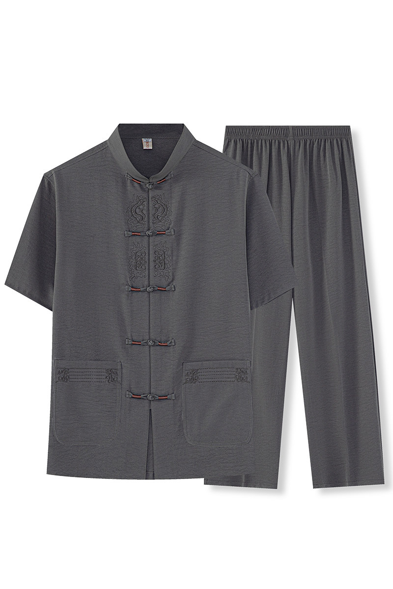T218P42中老年冰丝唐装套装夏季短袖爸爸装汉服太极服休闲爷爷装,男装民族服装,星座1108-2