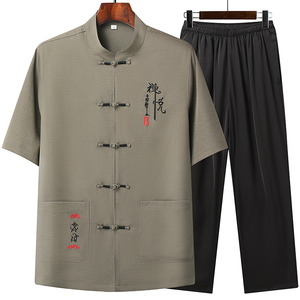 T208P55爸爸装风棉麻套装夏季刺绣唐装居士服汉服爷爷太极服图片