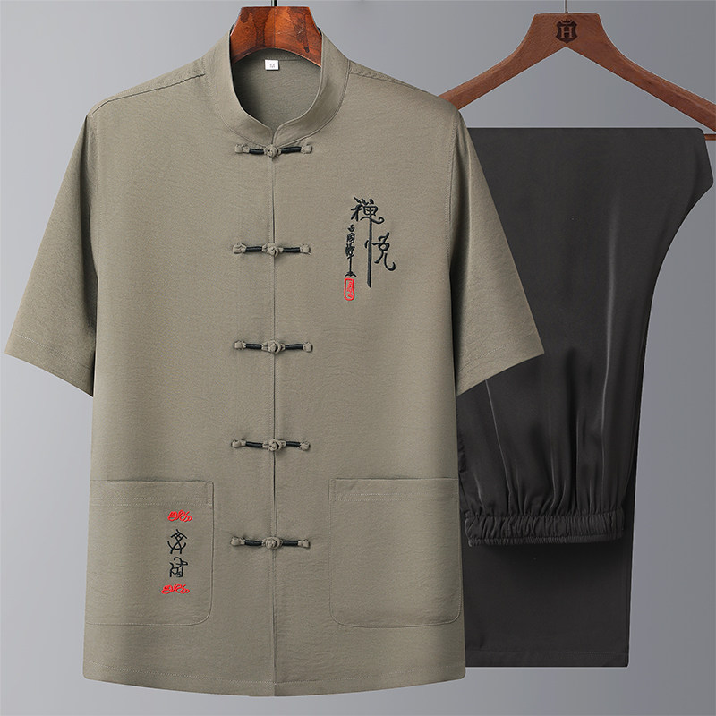 T208P55汉服爷爷太极服爸爸装风棉麻套装夏季刺绣唐装居士服,男装民族服装,星座1108-2