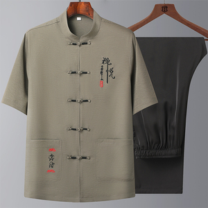 T208P55汉服爷爷太极服爸爸装风棉麻套装夏季刺绣唐装居士服图片