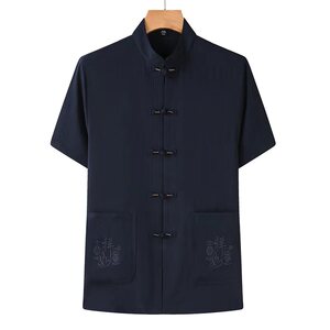 D01P30中老年唐装风盘扣汉服T恤2023新款夏季短袖衬衫爸爸装