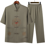 T206P42中老年棉麻唐装套装爸爸装风居士服汉服爷爷短袖套装，男装民族服装，星座1108-2