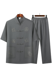 T202P42主推风居士服汉服爷爷短袖套装中老年唐装套装爸爸装图片