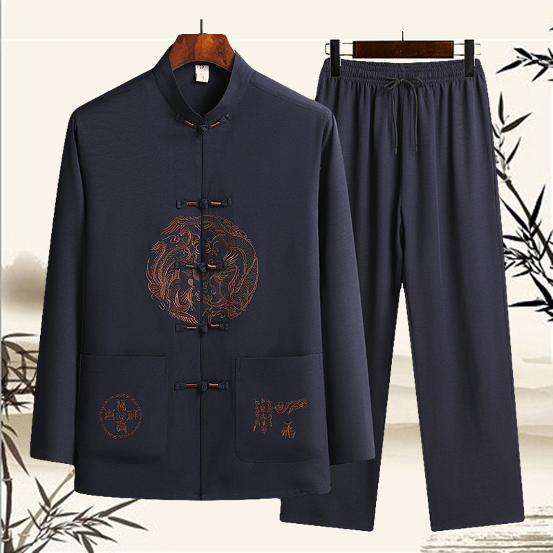 C211P48秋季长袖汉服爷爷装中老年人唐装爸爸装风刺绣两件套,男装民族服装,星座1108-2