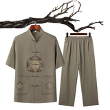 T201P42主推中老年唐装套装爸爸装风居士服汉服爷爷短袖套装，男装民族服装，星座1108-2