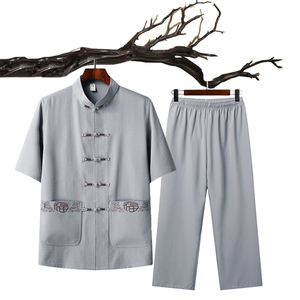 T215P45夏季冰丝风套装仿唐装汉服爷爷太极服爸爸衣服图片