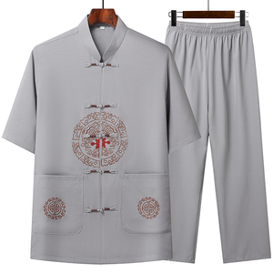 T206P42中老年棉麻唐装套装爸爸装风居士服汉服爷爷短袖套装图片