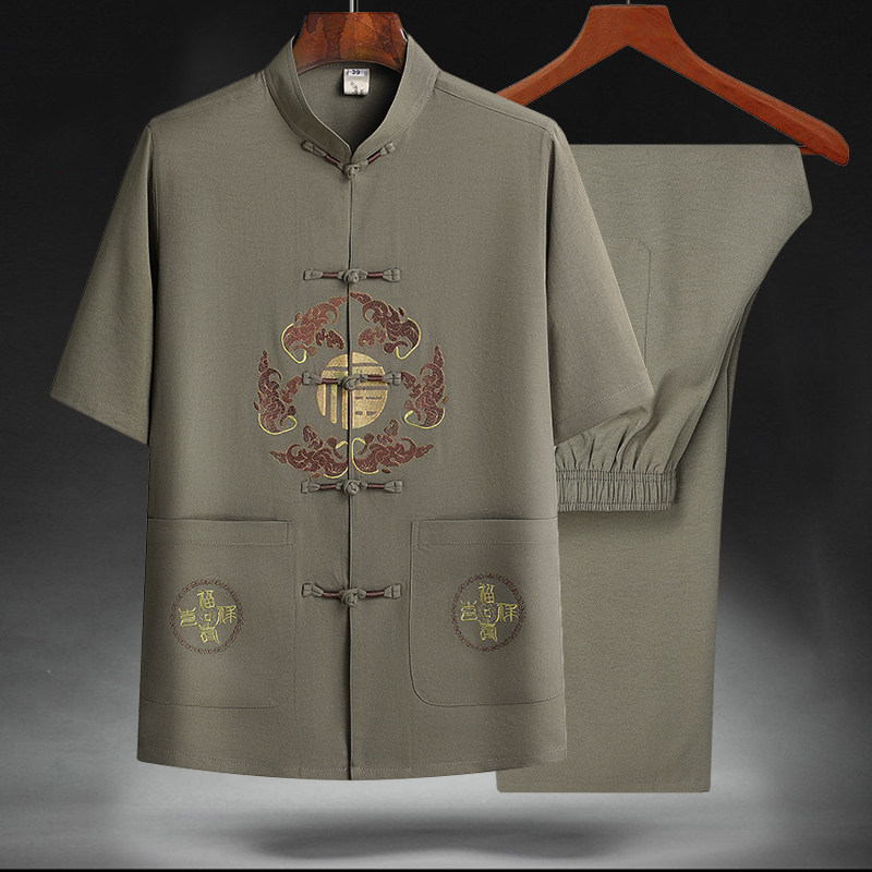 T201P40夏季爷爷短袖套装中老年唐装套装爸爸装风居士服汉服,男装民族服装,星座1108-2